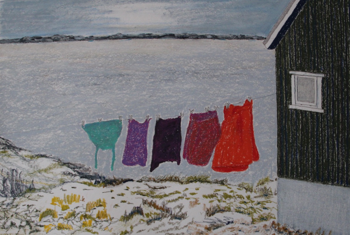 Anna Grethe Aaen Rødt Vasketøj Ved Hus 45x65 Cm 279